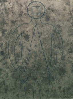 Figura de hombre en azul con fondo gris
